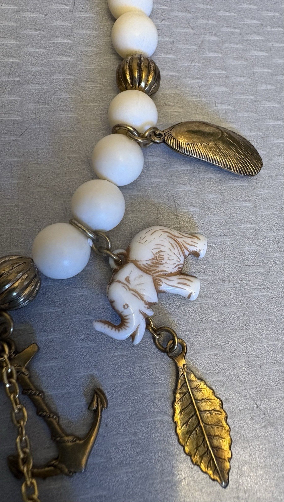 70s Vintage Plastic Faux Ivory Bead Charm Choker Necklace Heart Elephant 14”