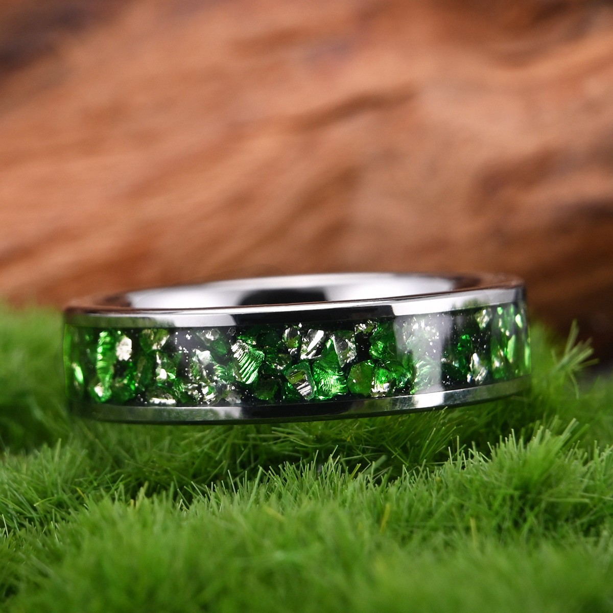 6MM Width Green & Clear Crystal Inlay Wedding Ring Tungsten Carbide Promise Ring