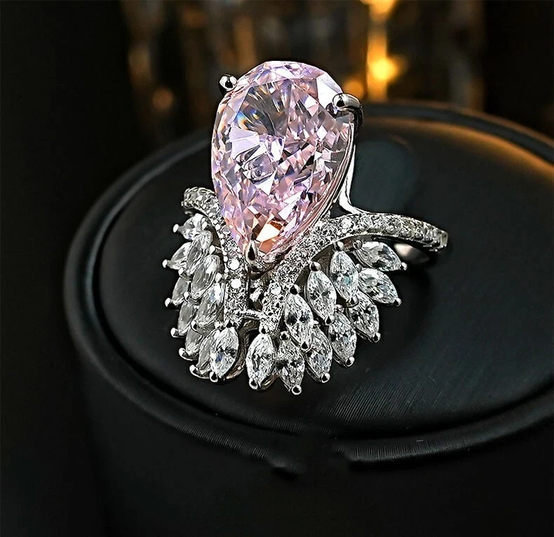 9ct Pink Diamond Angel Wings Ring, 18K Gold Vermeil, Pear Cut All Size