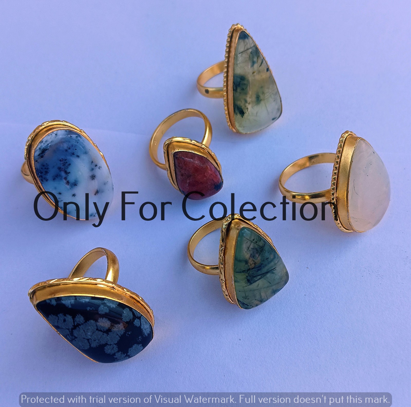 White Dendrite Opal & Mix Gemstone 18k Gold Plated Rings Lot Antique Jewelry