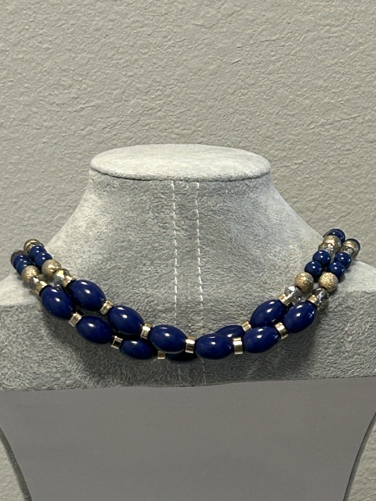 Beaded Necklace Blue/Gold/Clear Beads Ornate Gold-Tone Abolone Pendant & Tassel