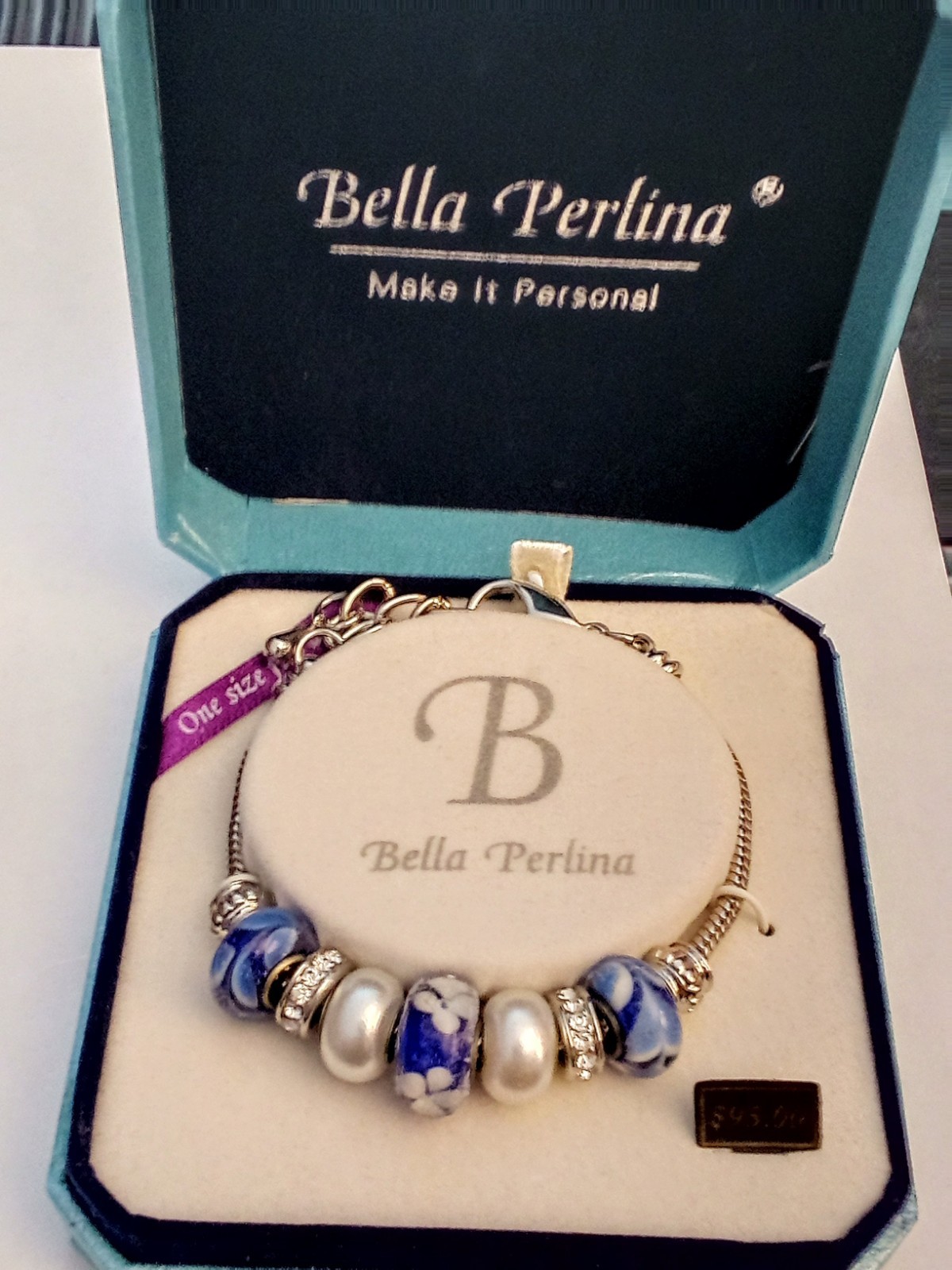 Bella Perlina Silver Tone Charm Bracelet Murano Glass New In Box