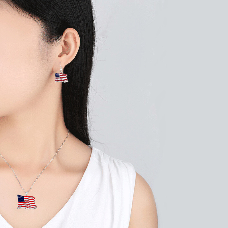 American Flag Earrings Independence Day Necklace July 4th Copper Jewelry Set
