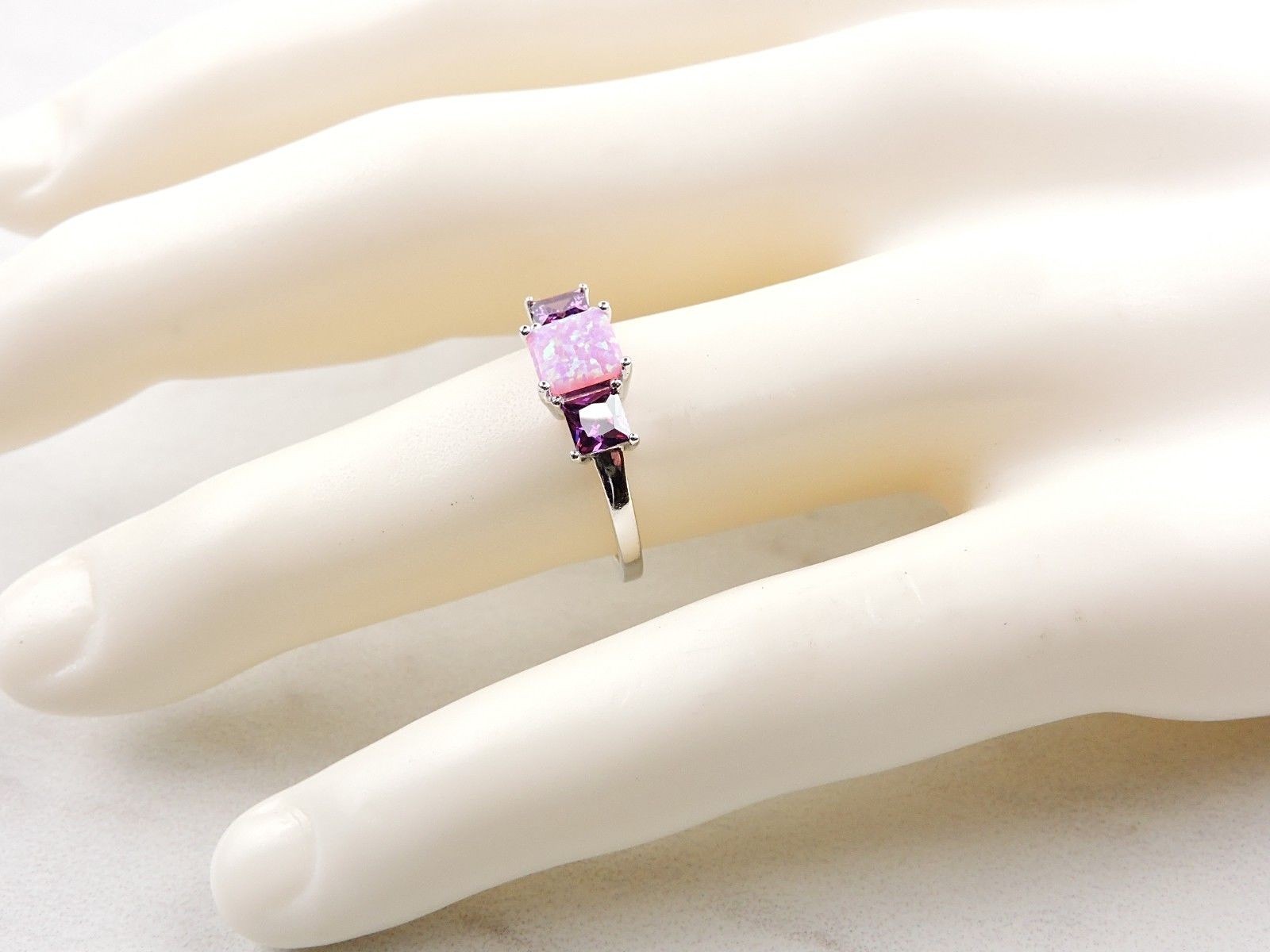 Sterling Silver 2.25 cttw Pink Opal And Purple Cubic Zirconia 3 Stone Ring