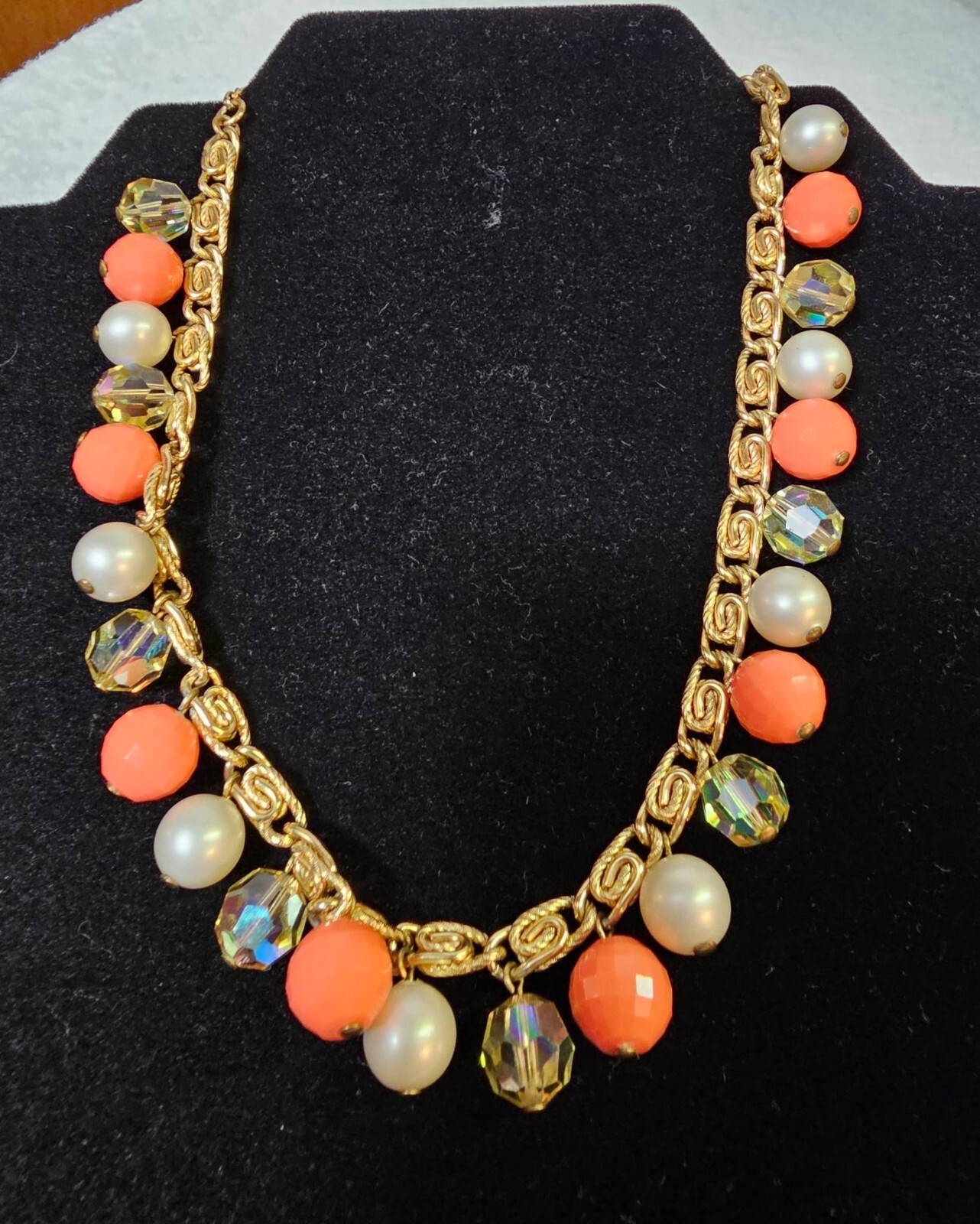 Trifari choker necklace w/ faux pearl orange & yellow citrine color beads 15in”