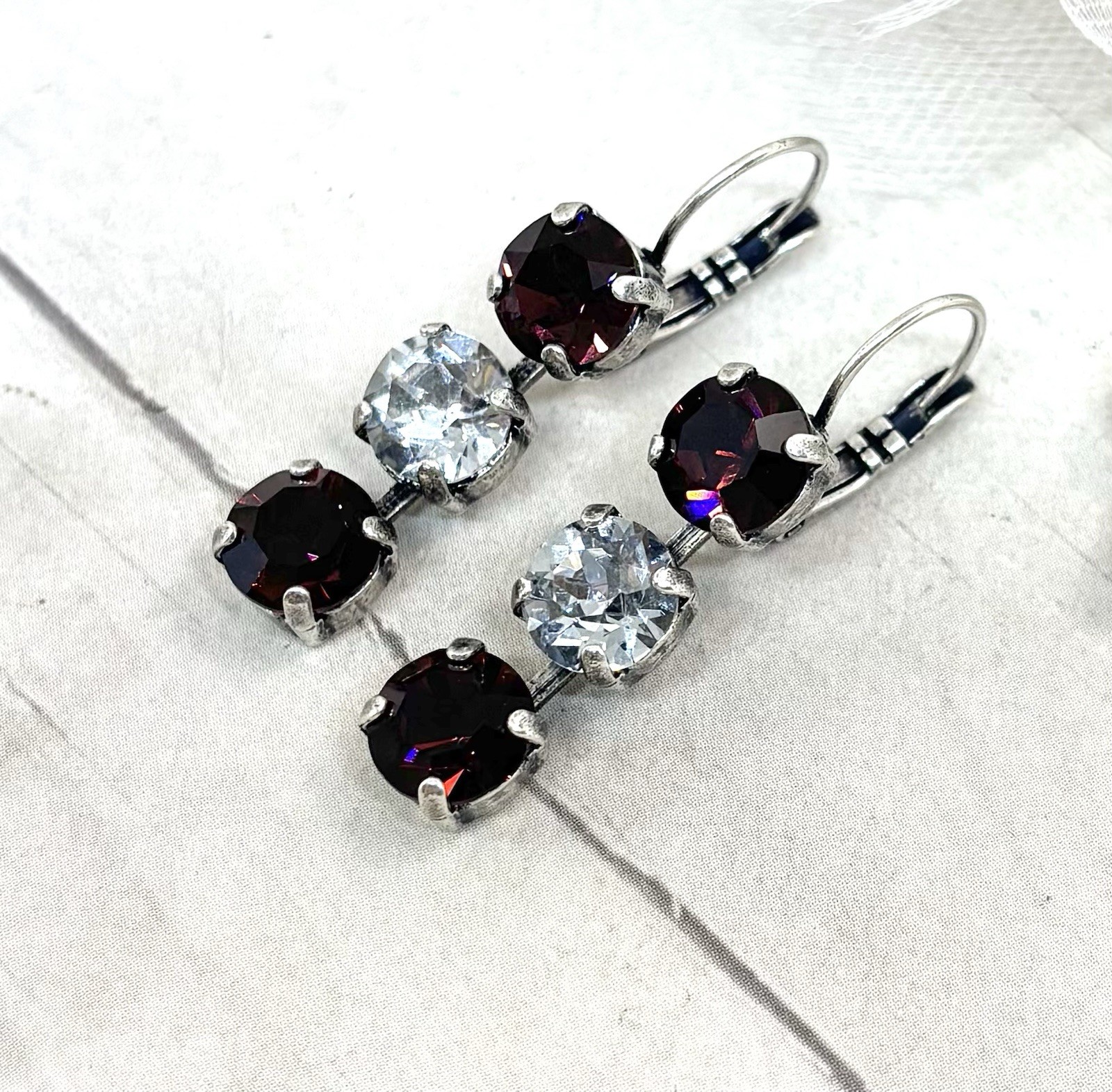 Antique Silver Plated Burgundy Triple Stone Earrings
