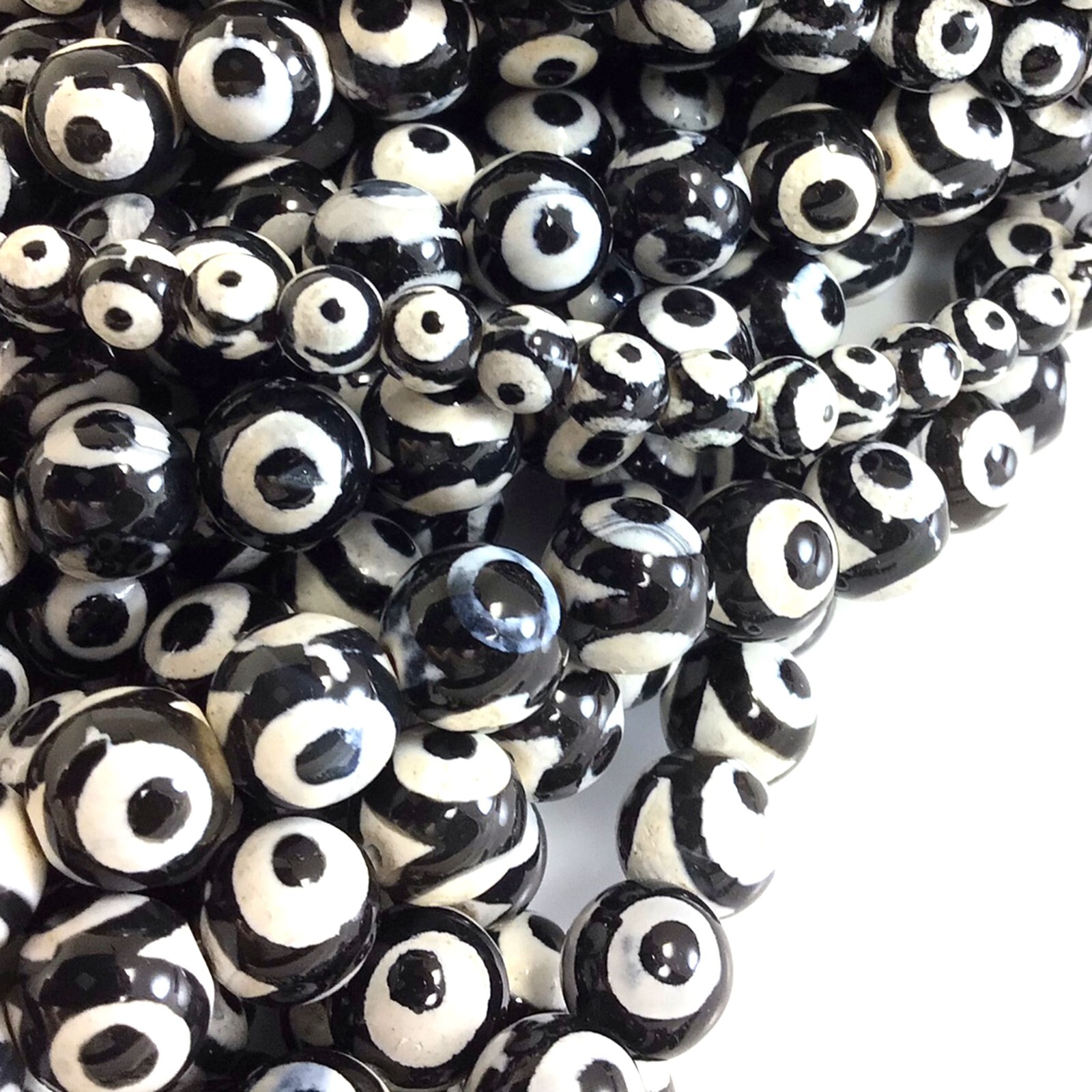 Evil Eye Dzi Black White Tibetan DZI Agate Smooth Round Beads 15″ 6mm 8mm 10mm