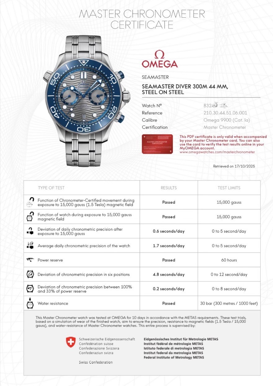 OMEGA Seamaster Chronograph 210.30.44.51.06.001 FullSet + Omega rubber strap