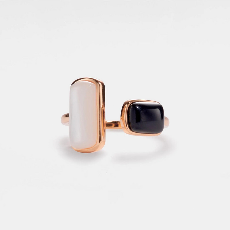 Black White Agate Cabochon Cocktail Ring in 925 Sterling Silver