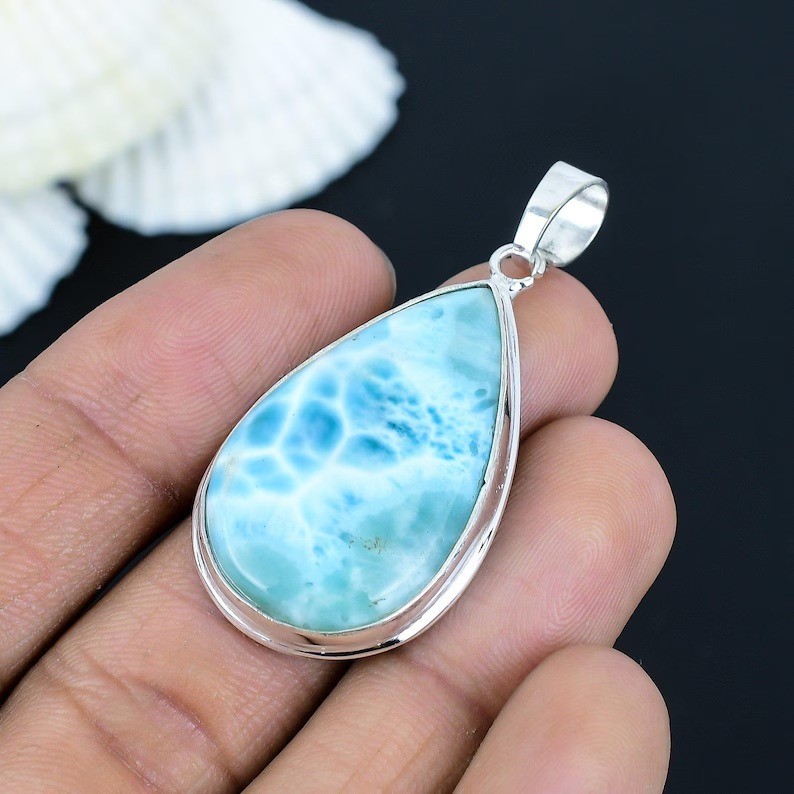 Natural Larimar Pear Gemstone Pendant 925 Sterling Silver Handmade Jewelry