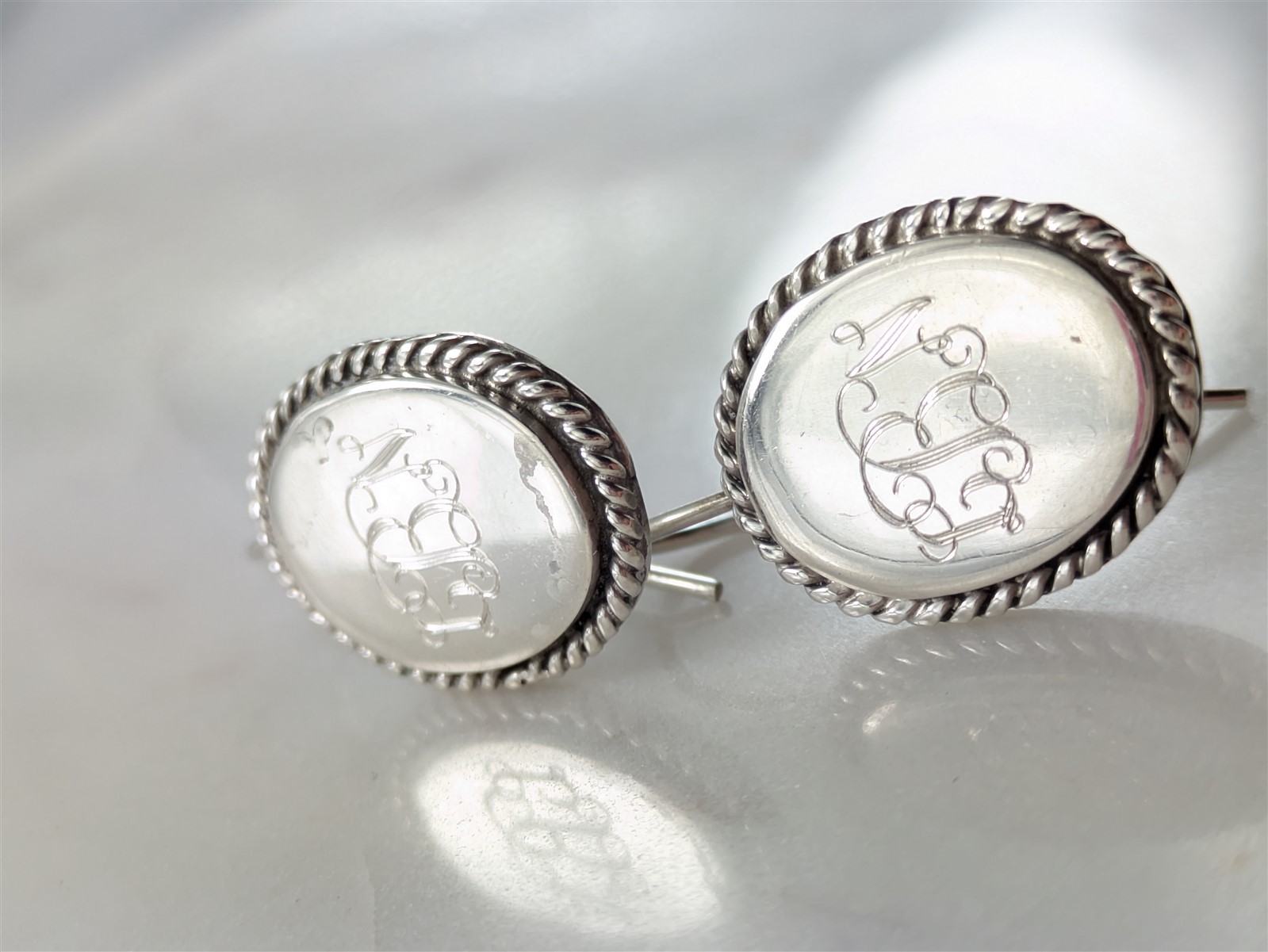 Vintage Solid Sterling Silver LBN Monogramed Oval Dangle Earrings 10.7 Grams