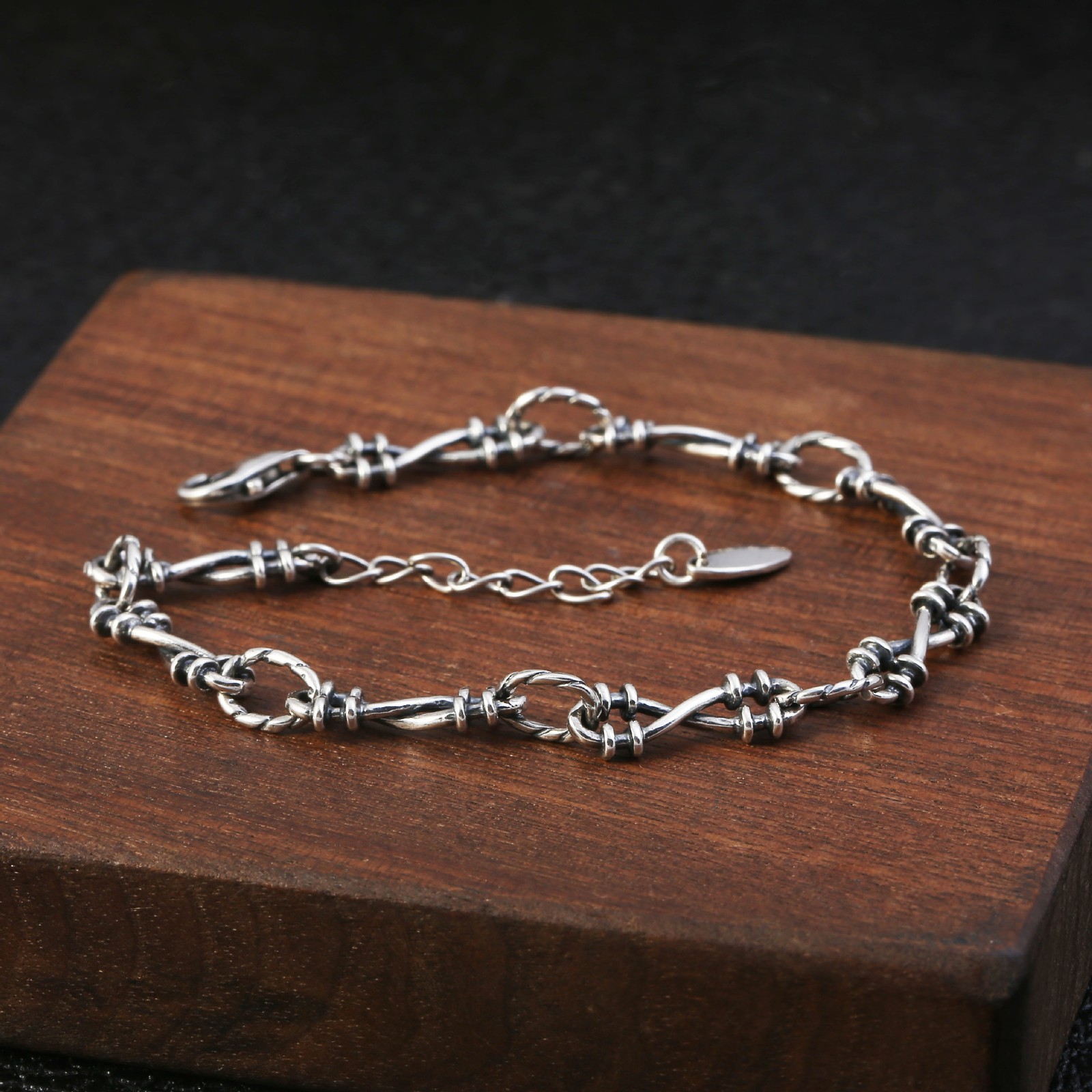 Solid 925 Silver Barbed Wire Style Bracelet Oxidized Thai Silver Punk Jewelry