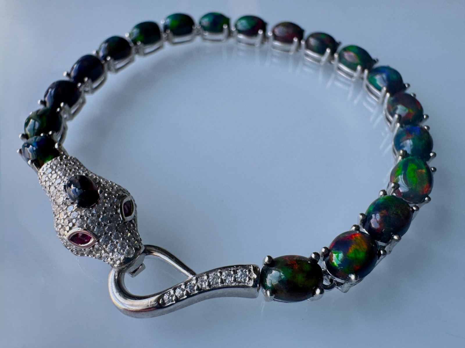 Ethiopian 7x5mm Black Opal Ruby CZ 925 Sterling Silver Cobra Push-Lock Bracelet