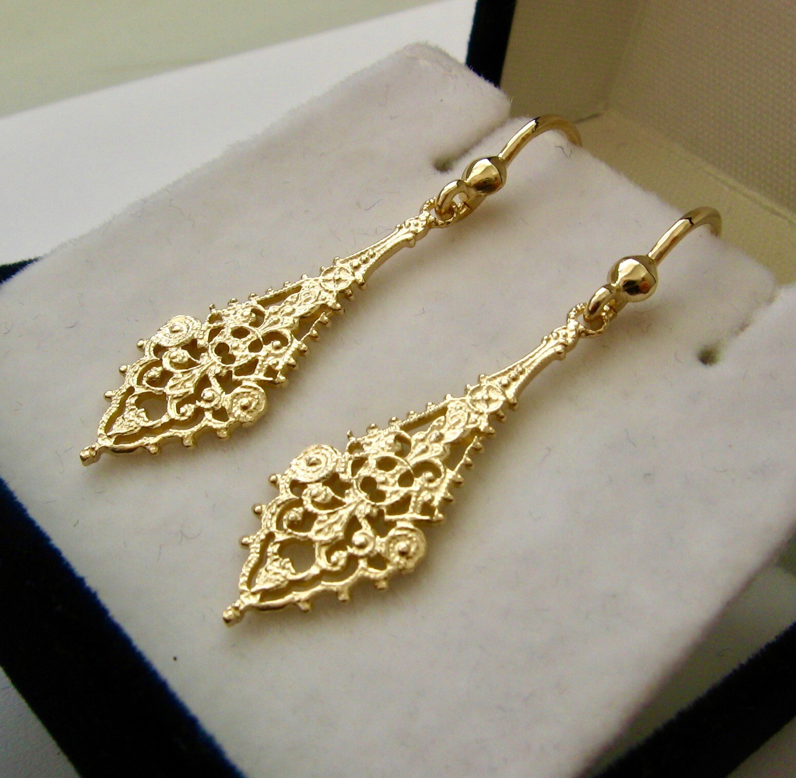 GENUINE SOLID 9K 9ct YELLOW GOLD VINTAGE STYLE FILIGREE DANGLE HOOK EARRINGS