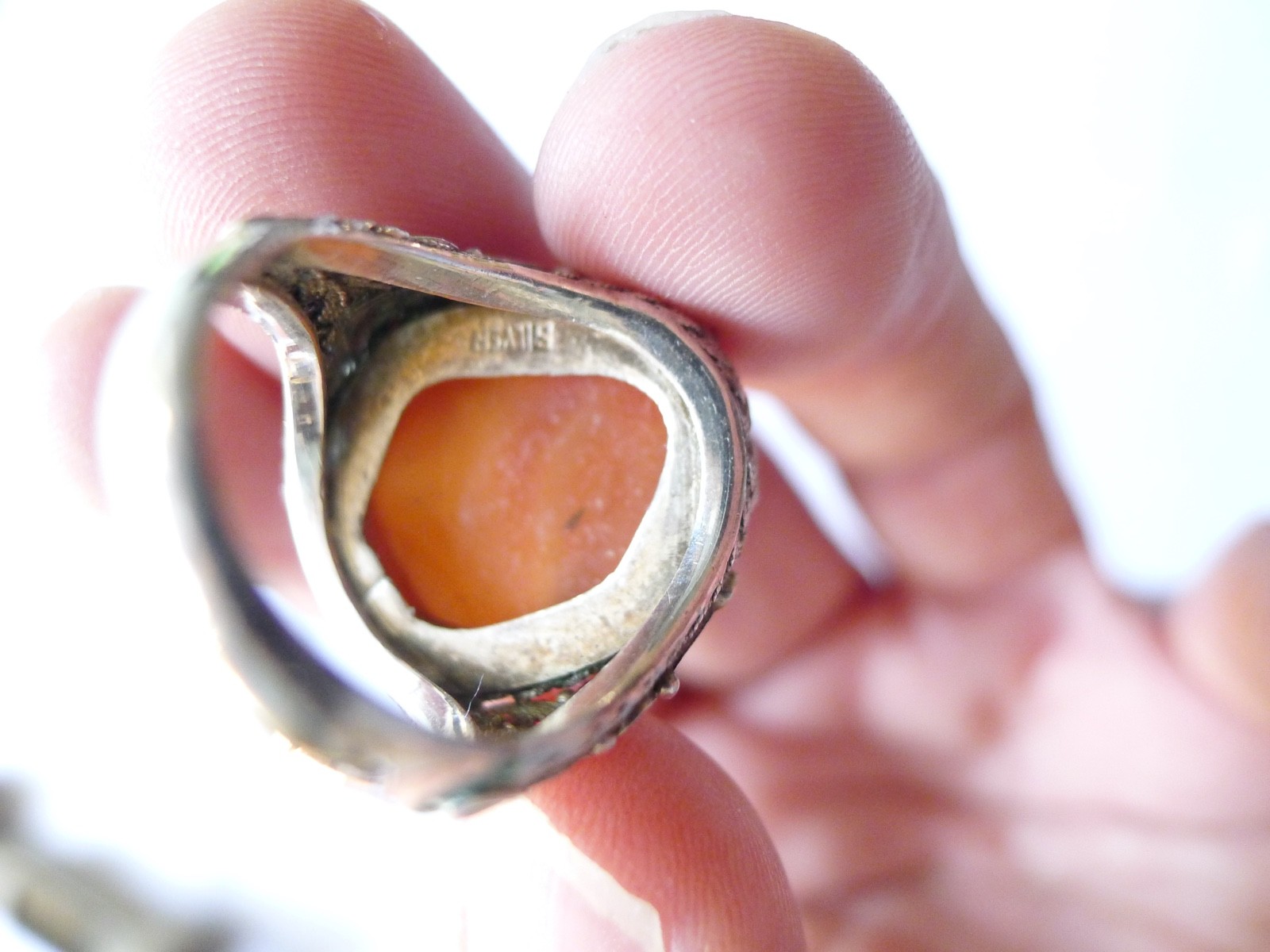 OLD CHINESE RING FILIGREE SILVER HARD STONE CHINA EXPORT VINTAGE CHINA