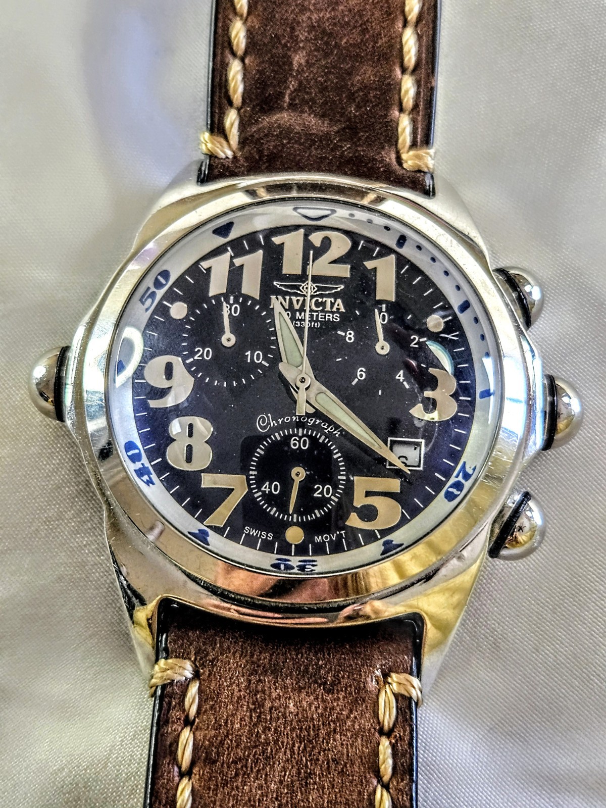 Invicta 2142 Chronograph Date Quartz 100m Black Dial Brown Leather Strap