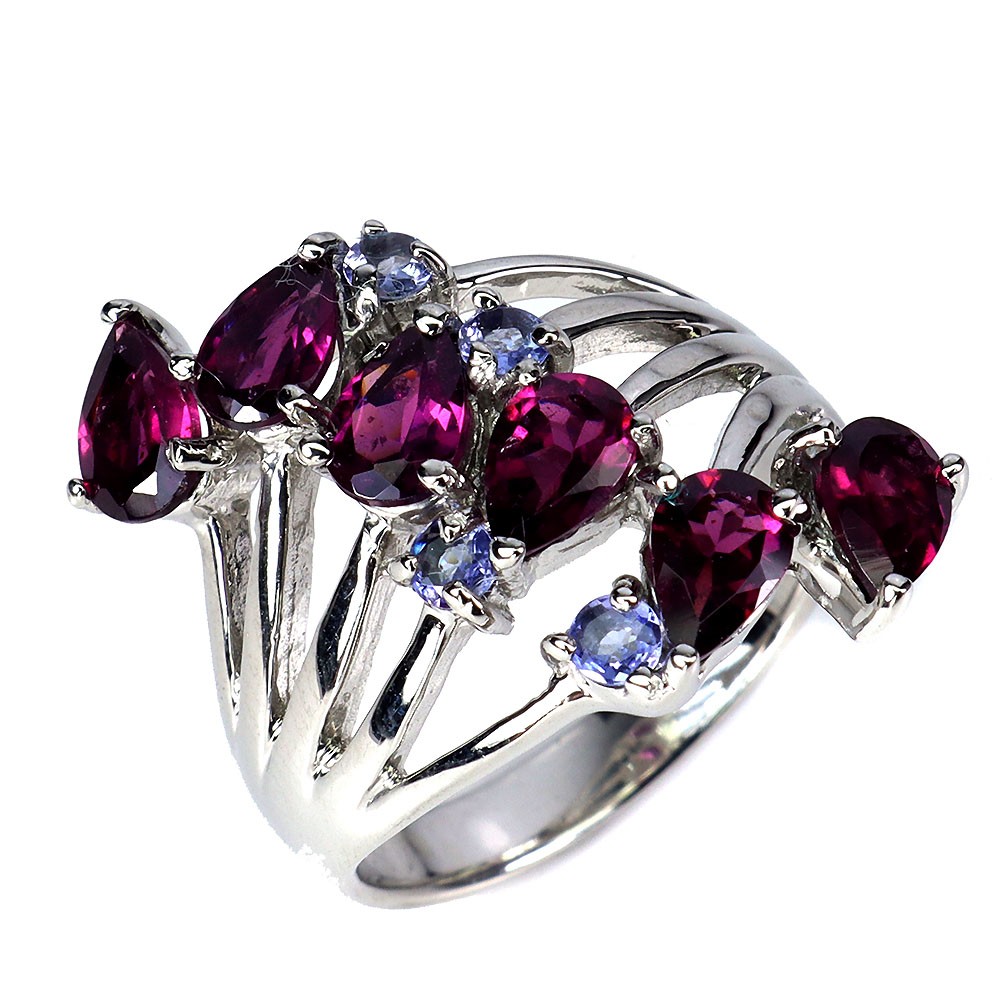 925 Sterling Silver Ring Pear Rhodolite Tanzanite Natural Gemstone Jewelry Size