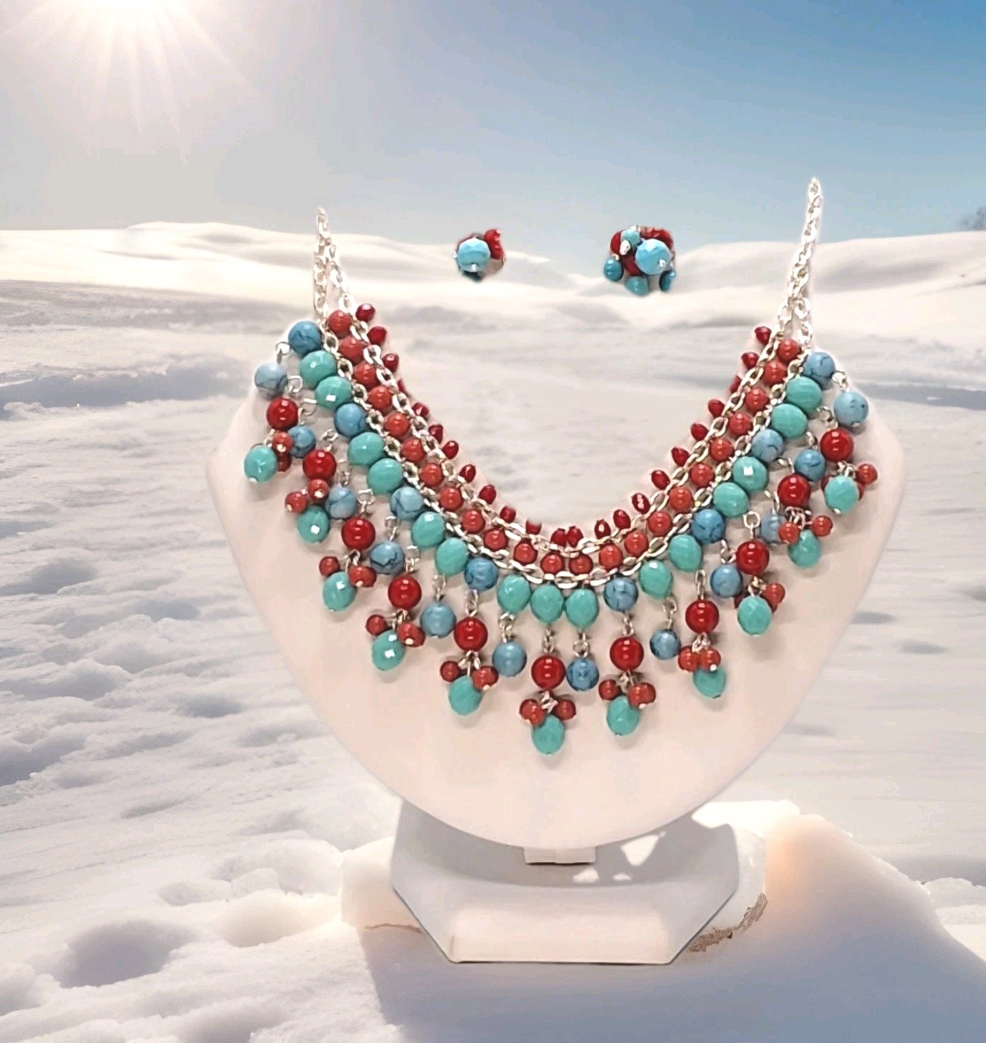 CHAP’S, Ralph Lauren Turquoise Red Silver 10″L Bib Necklace + 1.5″L Earrings Ap4