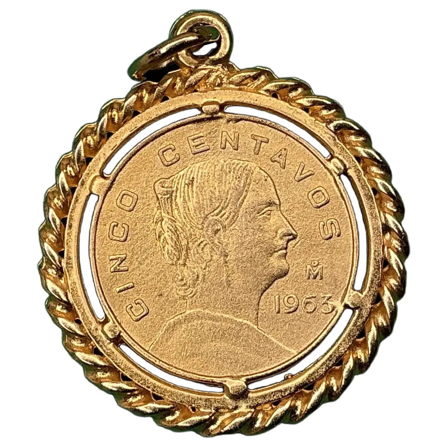 Vintage 1963 Mexico 5 Centavos Josefa Coin Pendant – Gold-Tone Rope Bezel