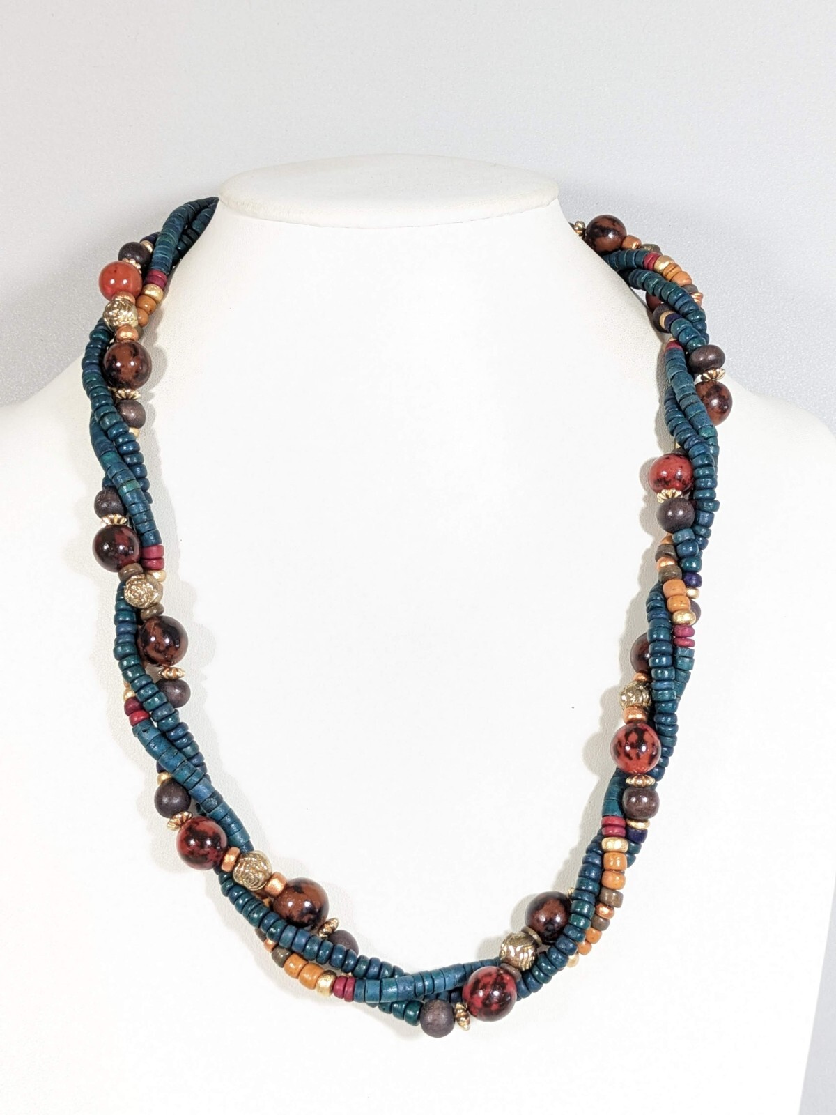 Vintage Gold Tone Green Blue Brown Wood Twist Necklace 24 inches