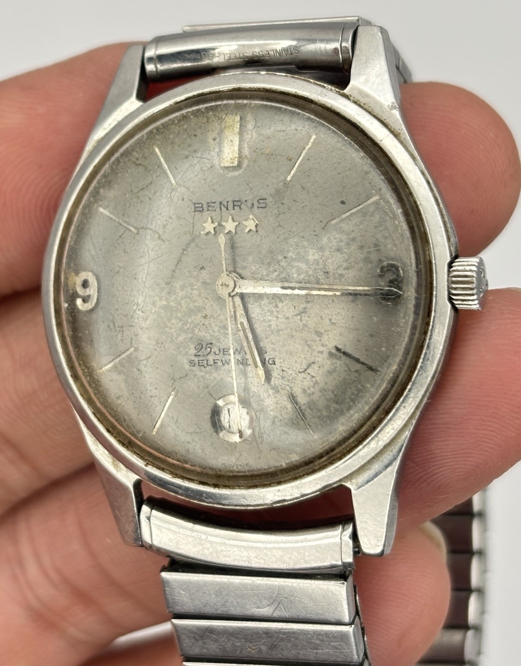 Benrus Self Winding 7026 Series Stainless Dust & Waterproof 3 Star W/ Date #8.10