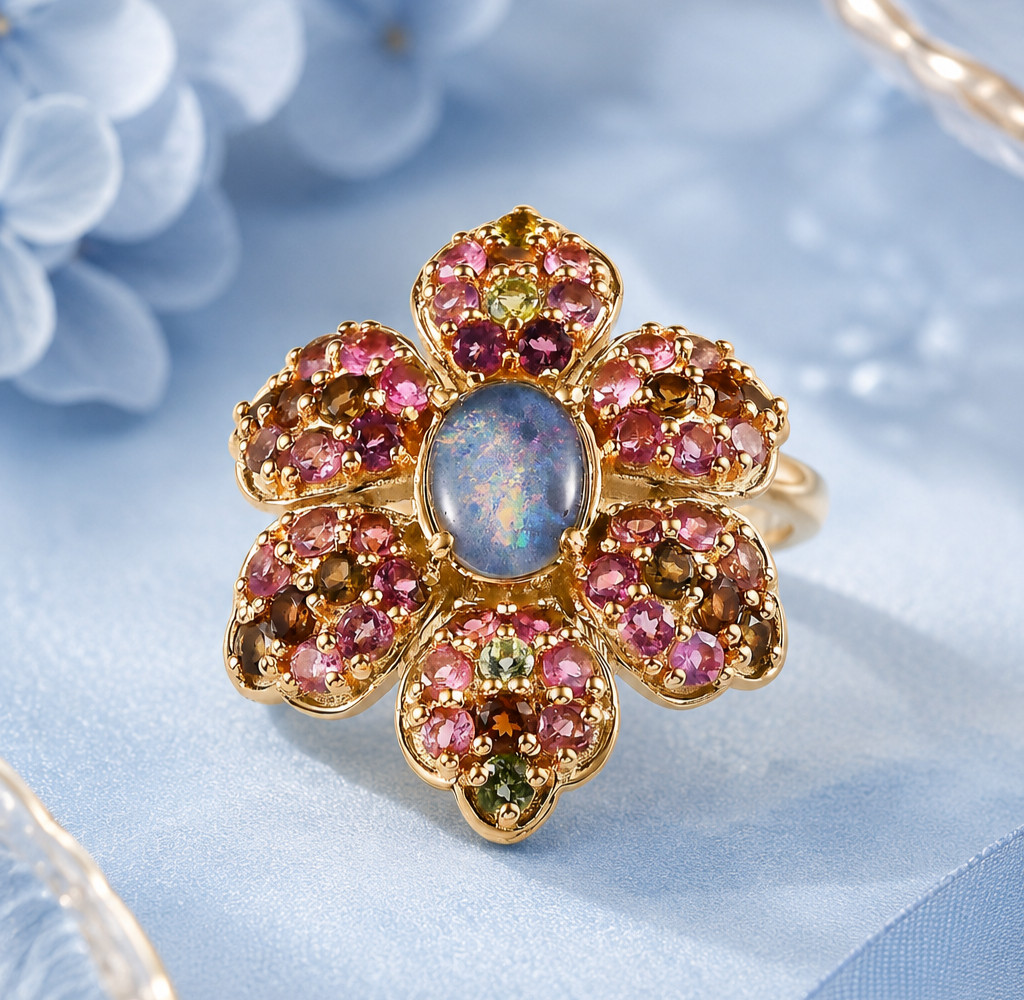 GP Italian Garden Boulder Opal Ring (9)Triplet Multi-Tourmaline Floral Ring 925