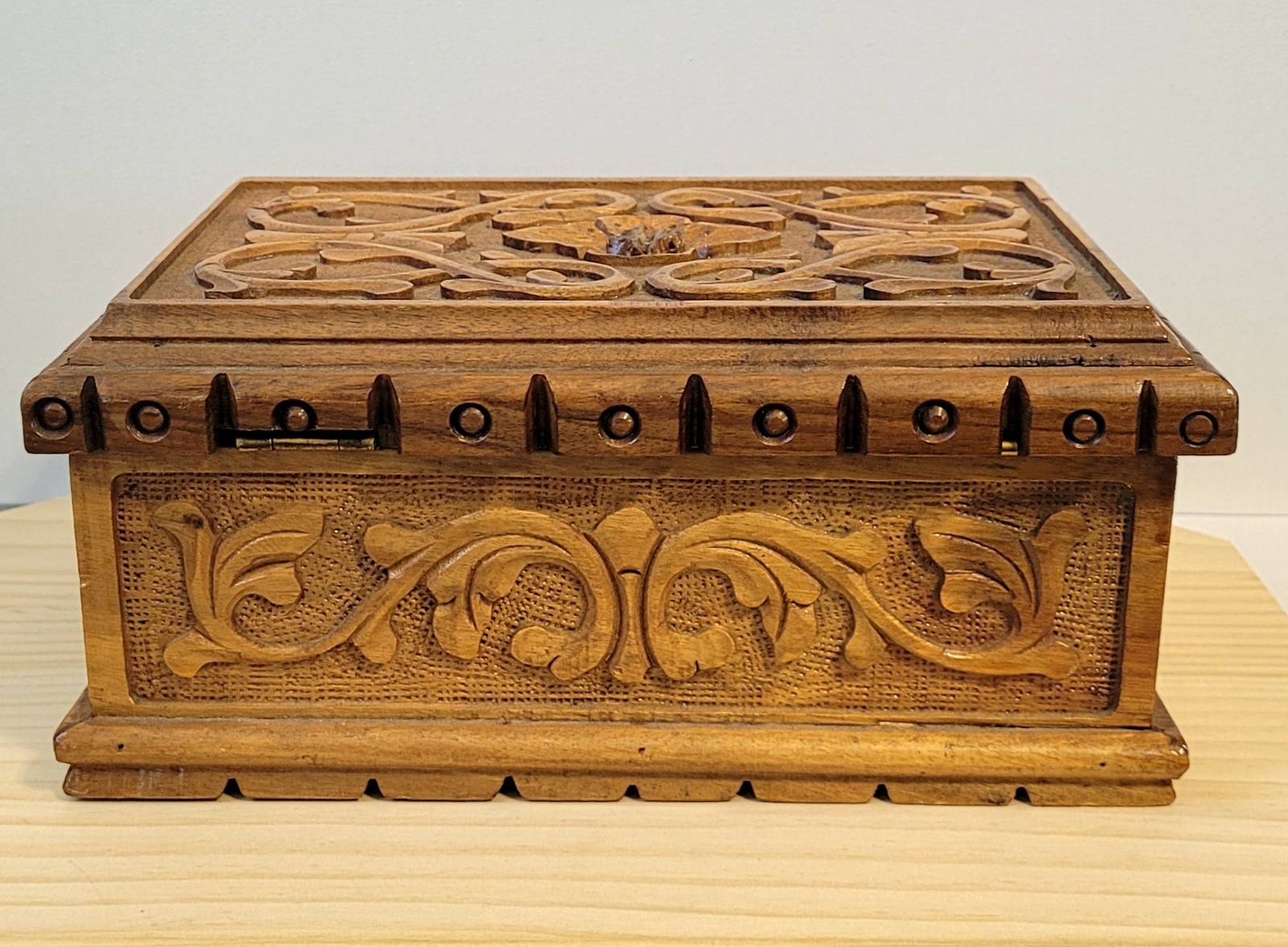 Vintage Hand-Carved Walnut Wooden Treasure Box with Rose Rotation Puzzle Lock