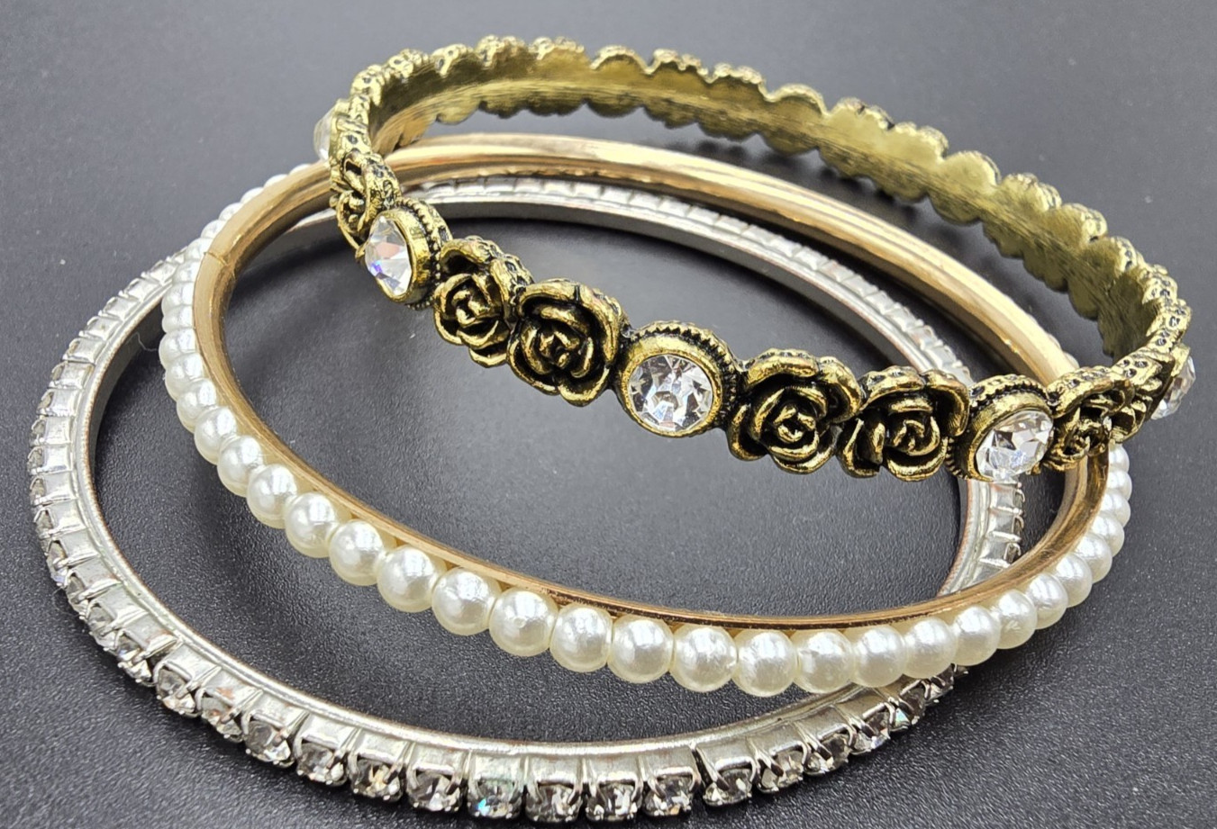 3 pc Mixed Brasstone White Bead Bracelet SET (B4) FLOWERS AND ELEGANCE