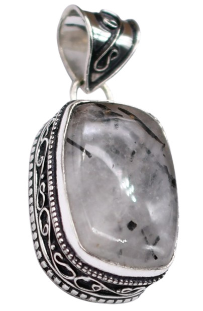 Black Rutile Natural Gemstone Antique Silver Plated Pendant 32″ J 2920