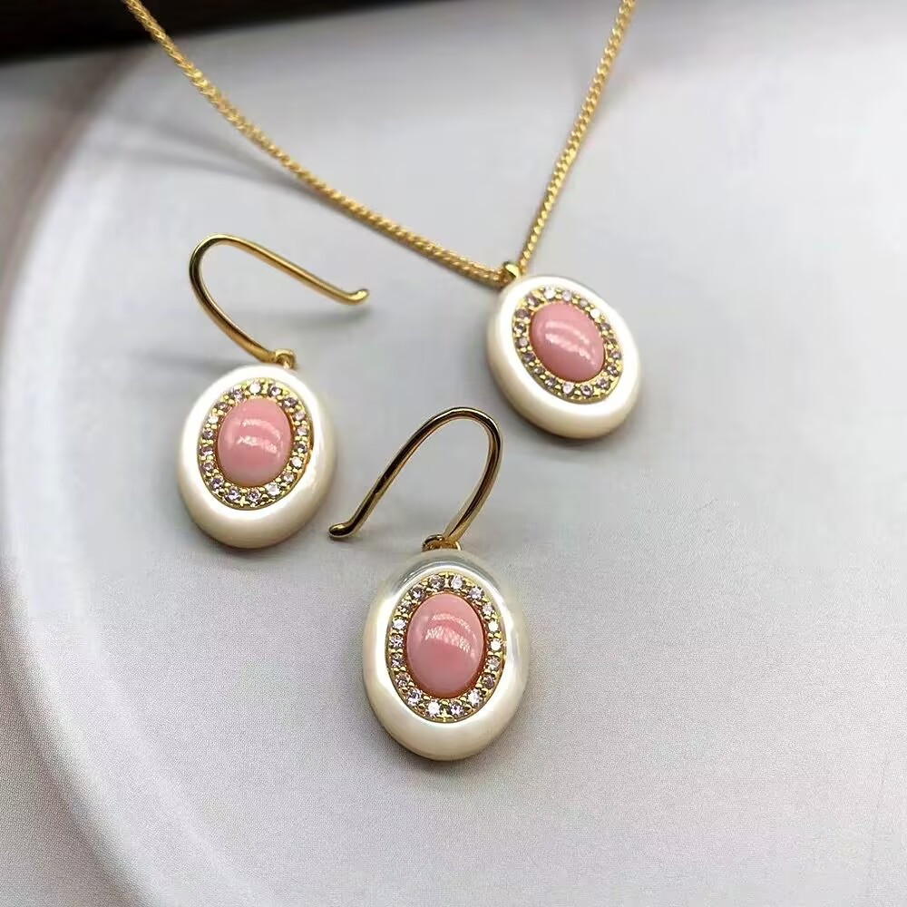 gorgeous natural pink conch pearl pendant &earring 925s(t)