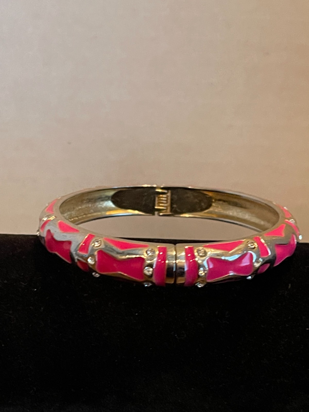Hot Pink Fuchsia Enamel Clamper Cuff Bangle Bracelet Rhinestone Hinged Estate
