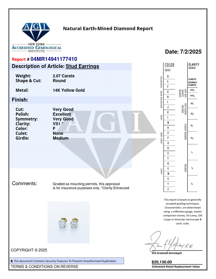 Stud Earrings Classic Solid 14K Yellow Gold 2.07 CT Round Natural Diamond F VS1