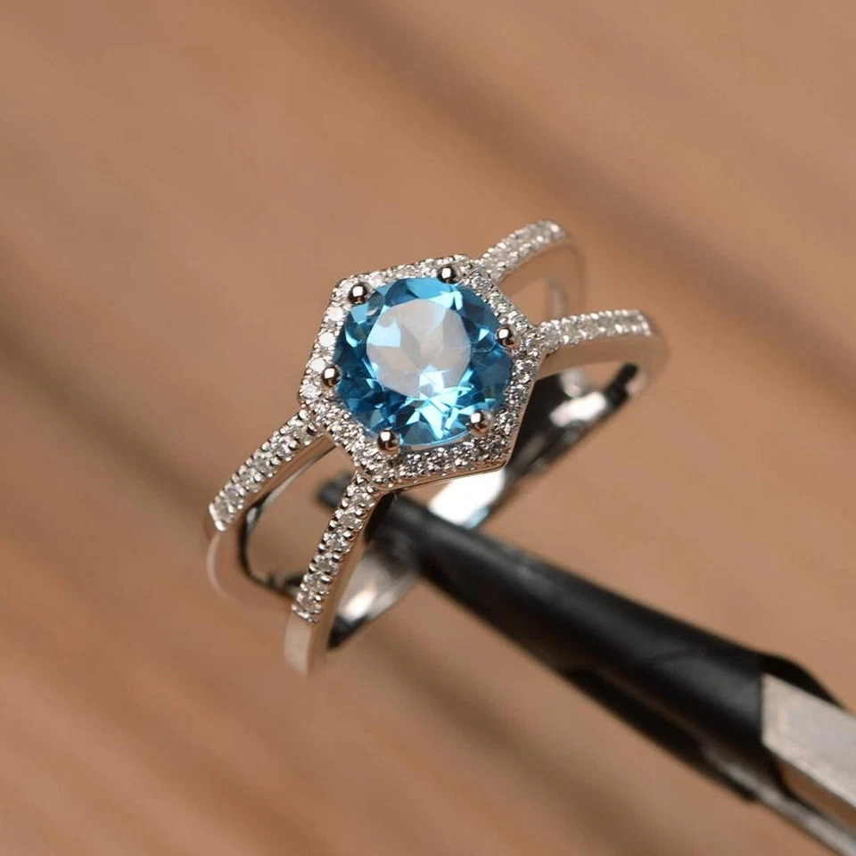2.50 Ct Round Cut Blue Topaz Diamond Engagement Ring 14K Solid White Gold