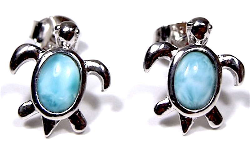 100% Natrual AAA Dominican Larimar 925 Sterling Silver Turtle Stud Earrings