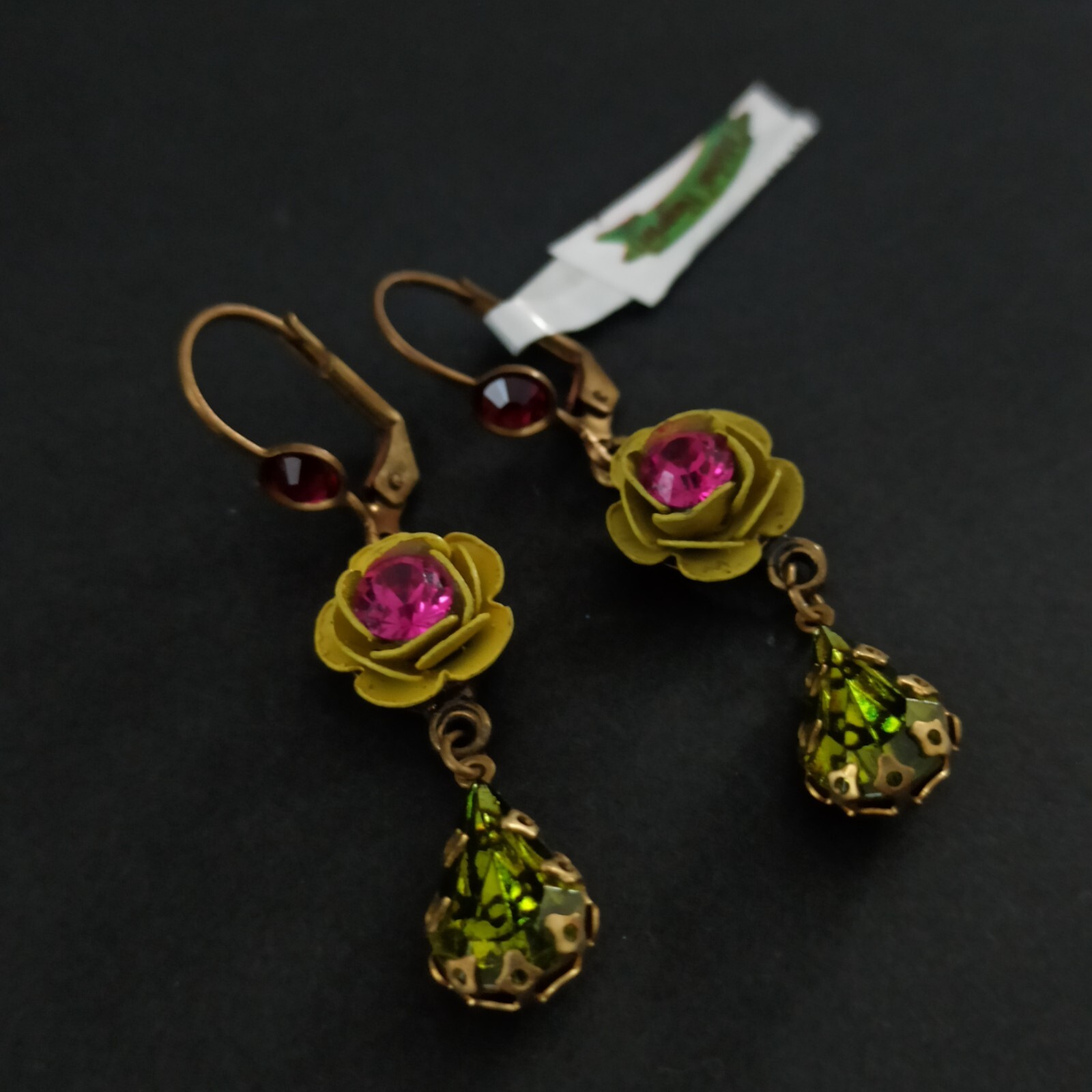 Michal Negrin Earrings Yellow Rose Hot Pink Fuchsia and Swarovski Crystals Gift