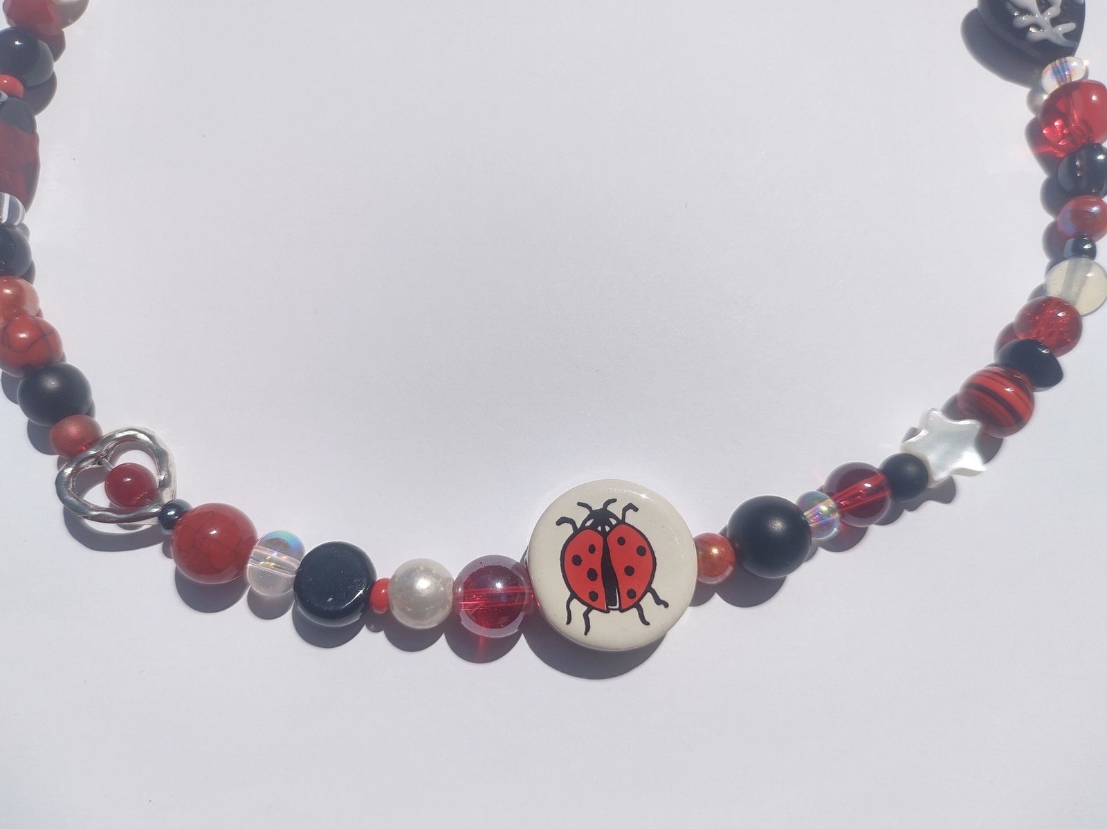 Red and Black Ladybug Ceramic and Glass Bead Handmade Necklace