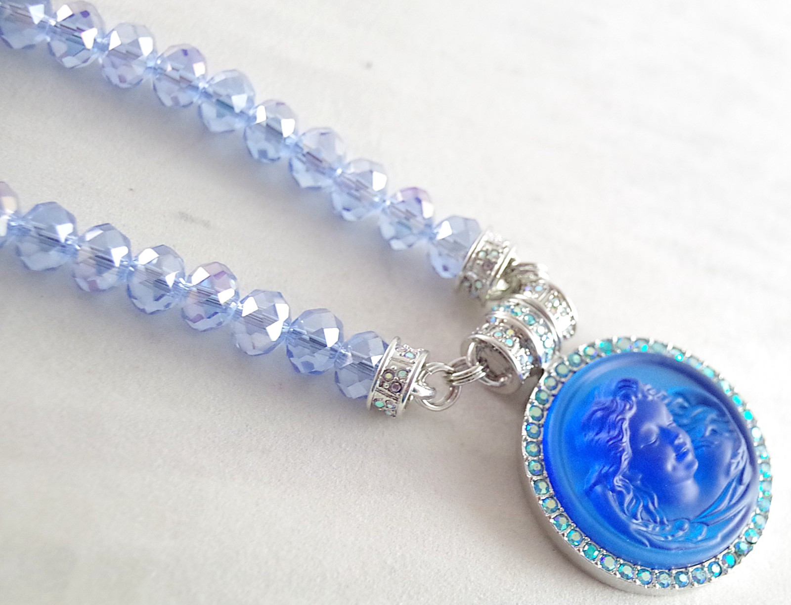 KIRKS FOLLY MAGNETIC CRYSTAL RHINESTONE BLUE ANGEL GODDESS SILVER TONE NECKLACE