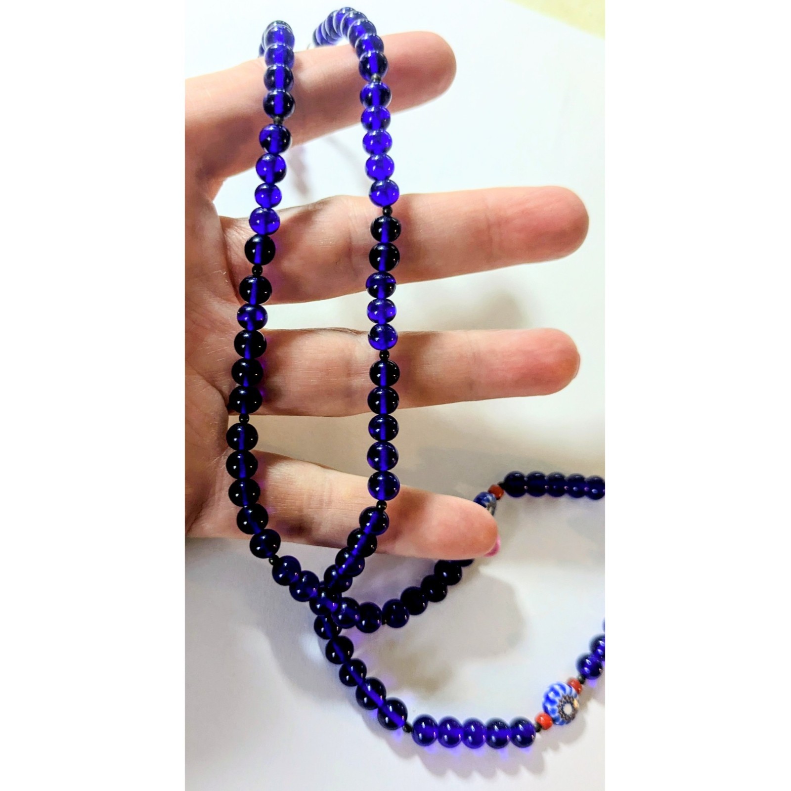 N.A. Style Sterling Silver Cobalt Blue Beaded Feather Pendant Necklace 23.5″