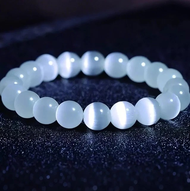 White Selenite Cat Eye Beaded Bracelet Purity Protection Gift For Women Men 8mm