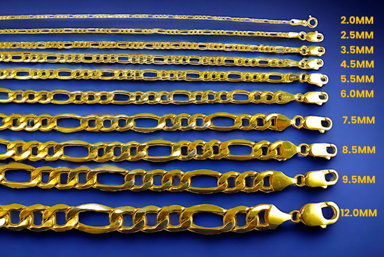 14K Yellow Gold Figaro Necklace Bracelet Chain Italian Real 1.5mm-12mm 7″-30″