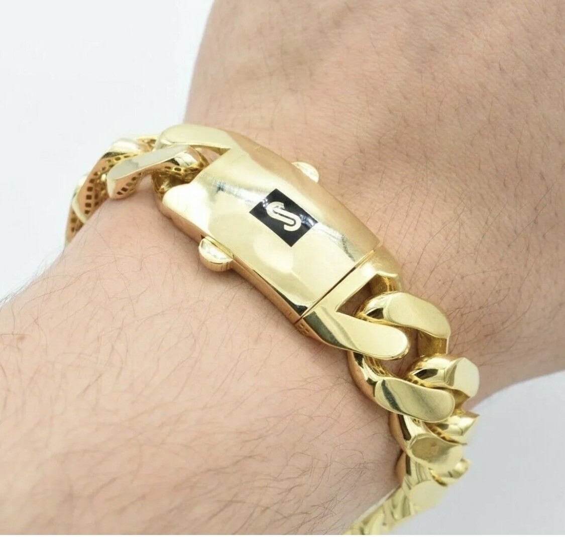 Real 10K Yellow Gold Cuban Royal Monaco Link Plain Bracelet 8″ Box Clasp 13mm