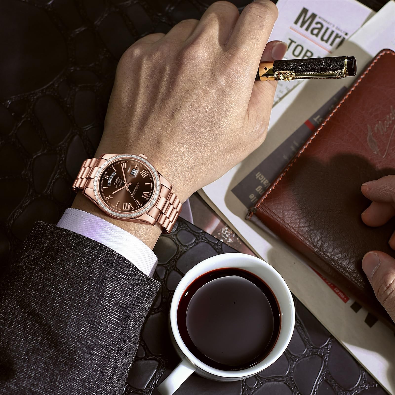 Men’s Watches Analog Quartz Diamond Bezel Stainless Steel Brown Dial Rose Gol…