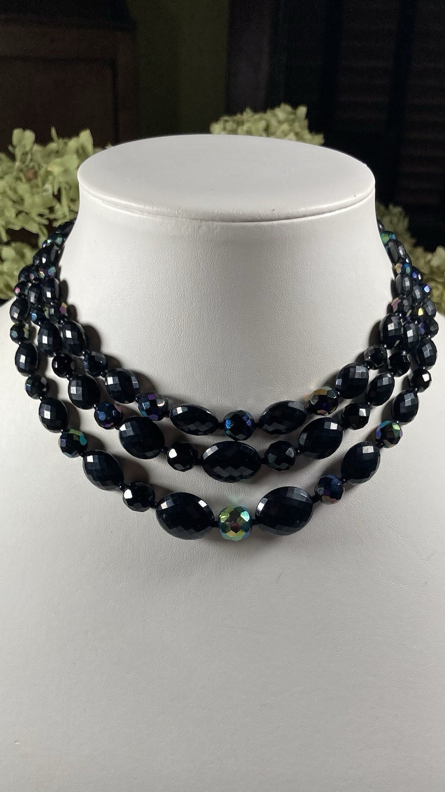 Vintage Black Multi-Strand Faceted Beaded Statement Necklace Adjustable Hook