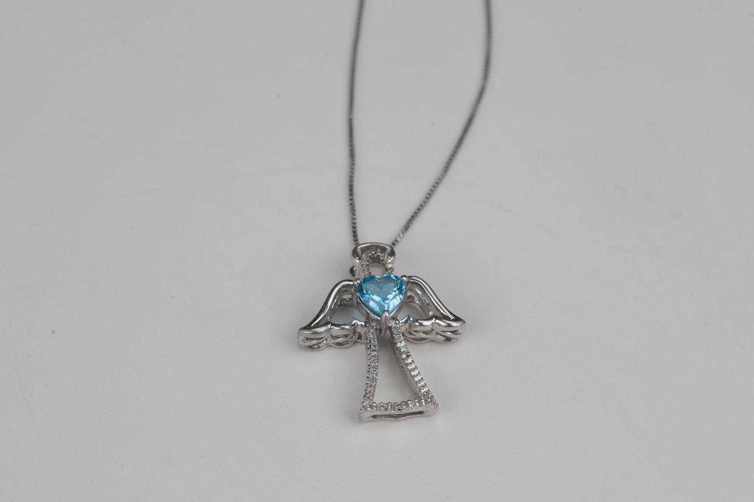 Jwb Sterling Silver 925 Angel Cross Necklace Heart Blue Topaz CZ 18″ Box Chain
