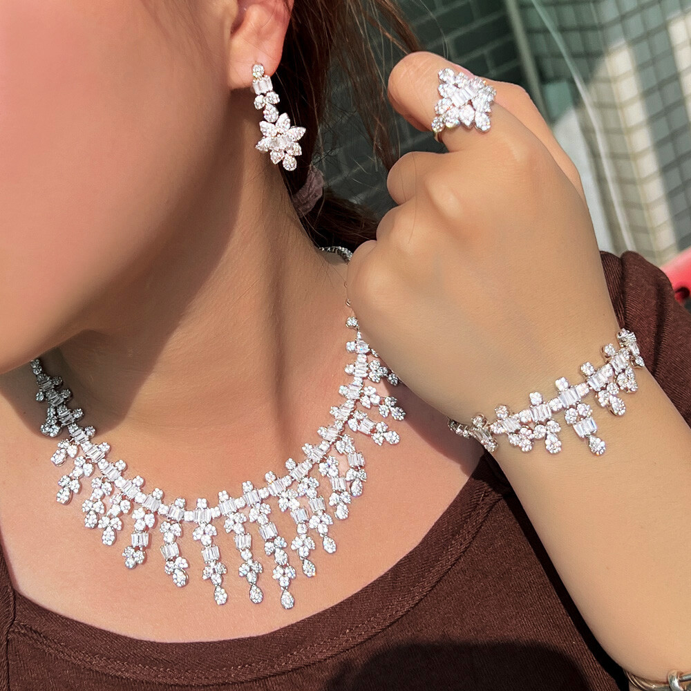 Silver Plated Long Leaf Drop Necklace Earring Bracelet Ring CZ Bride Jewelry Set