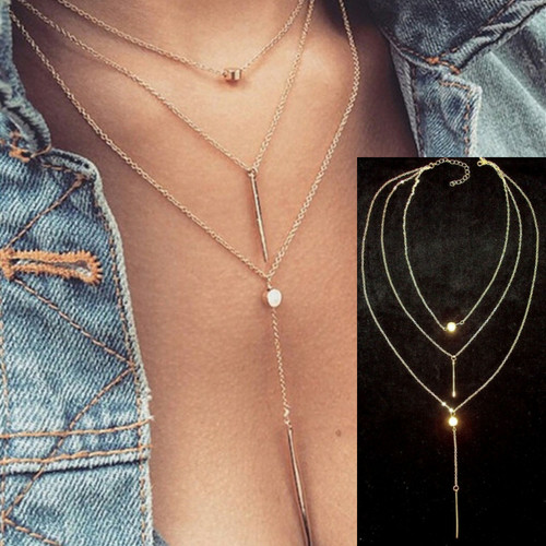 Gold Choker Necklace Lariat Layered Bar Y Drop Bar Charms Dainty Chains