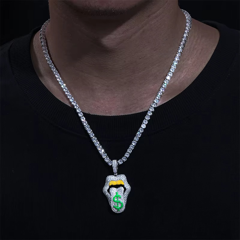 Glow in Dark Dollar Lips Pendant 925 Silver Moissanite 14k White Gold Plated