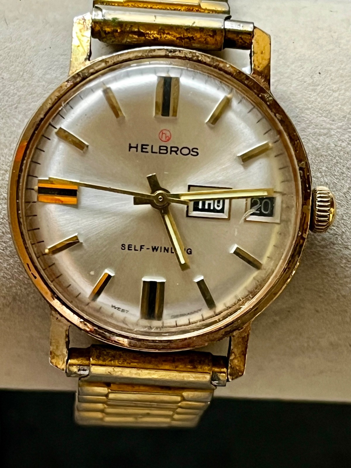 VINTAGE HELBROS WATCH AUTOMATIC DAY DATE SUNBURST GOLD PLATED MEN’S WEST GERMANY