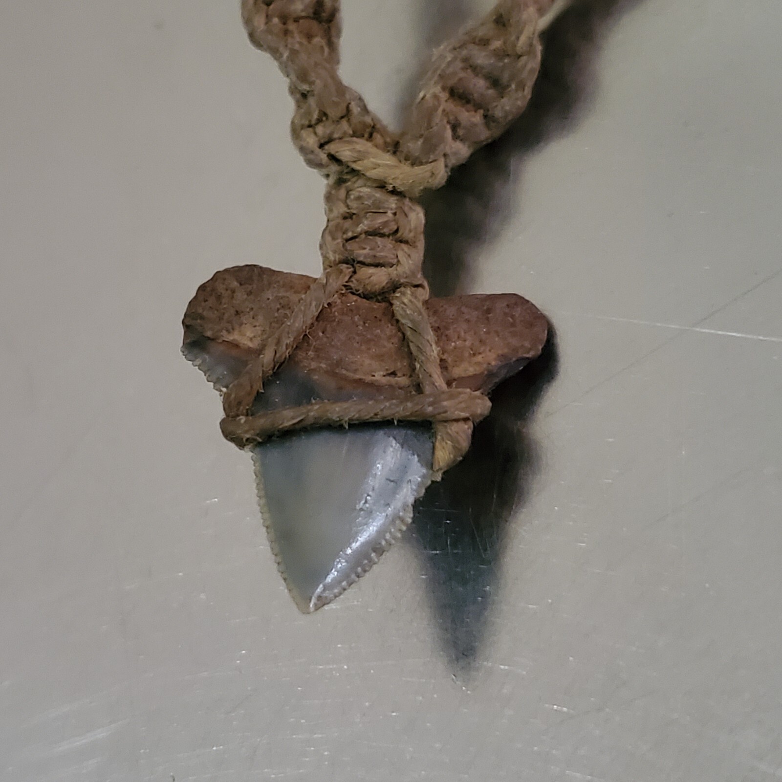 Vintage Shark Tooth Pendant Necklace Spiral Corded Brown Twine 15 inch