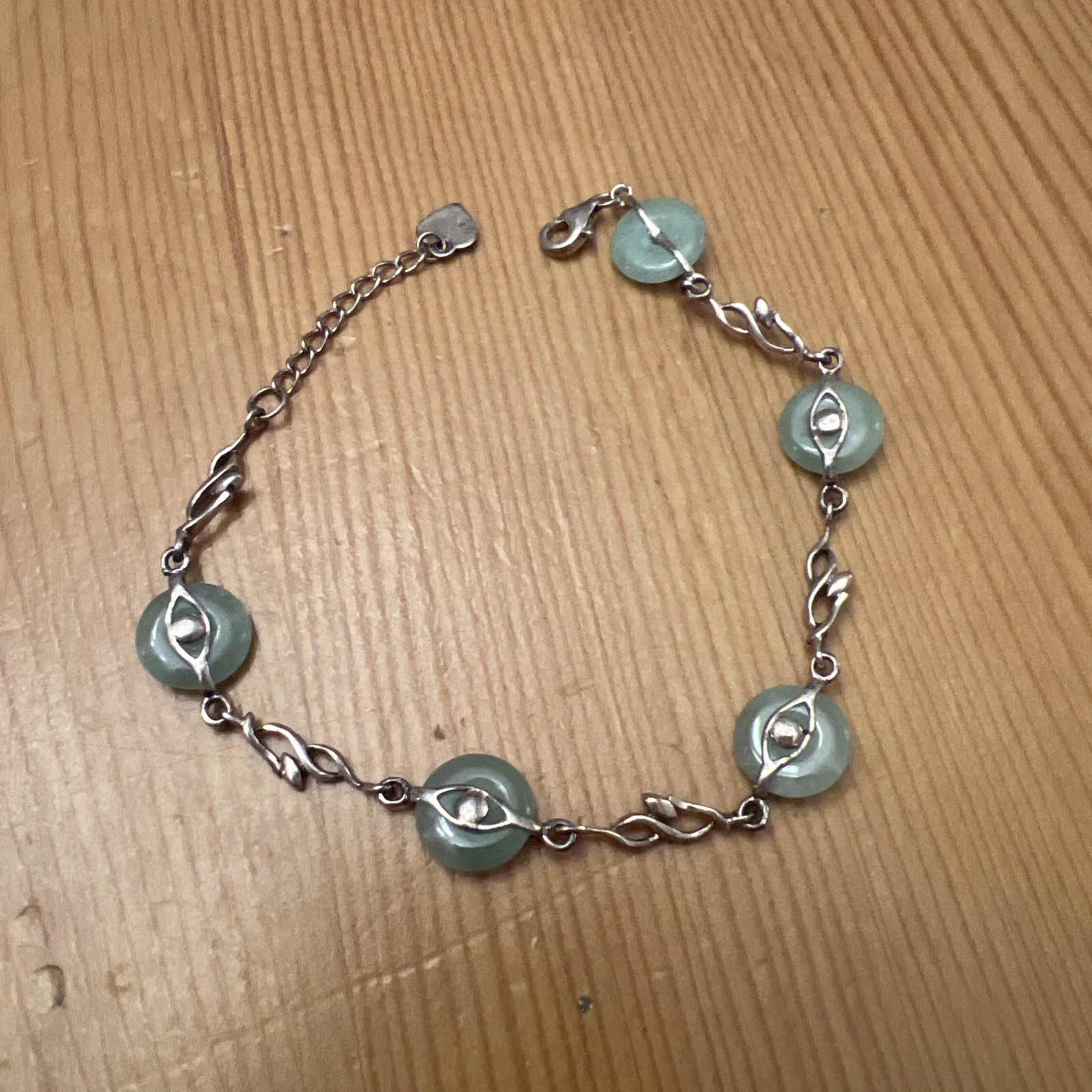 Jade & Sterling Silver Bracelet From Guangzhou China 7.5 Inches Long, Never Worn